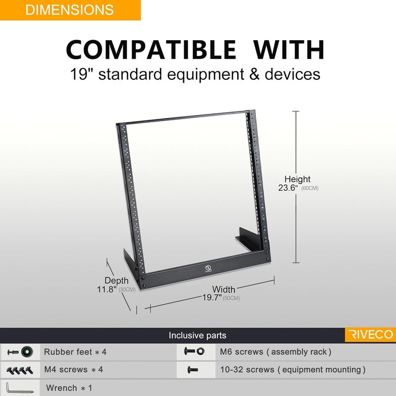 RIVECO 12U Desktop Rack for Audio & Network Devices 19 Inch 2 Post Open Frame Shelf with Reinforced Beam, Free Standing Racks for IT Server Sound AV Music Recording Equipment - Image 4